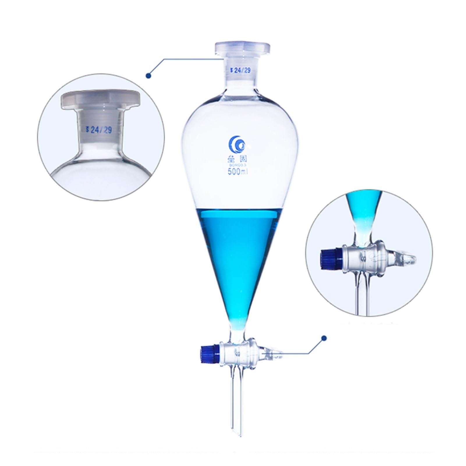 1 Imbuto Conico Separatore a Forma di Pera da 30ml a 1000ml con Vetreria da Laboratorio in Vetro con Pistone Smerigliato(1000ml No.24 caliber)