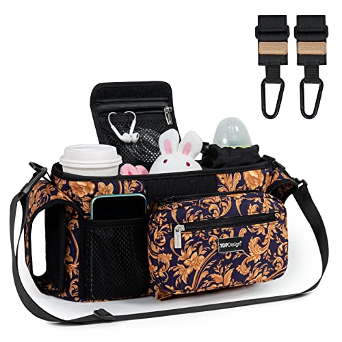 Image of TOPDesign Universal Baby Stroller Organizer, Stroller Caddy with Heightened Insulated Cup Holders & Non-Slip Secure Hooks Accessories, Fits Most Strollers, Machine Washable (Baroque Gold)
