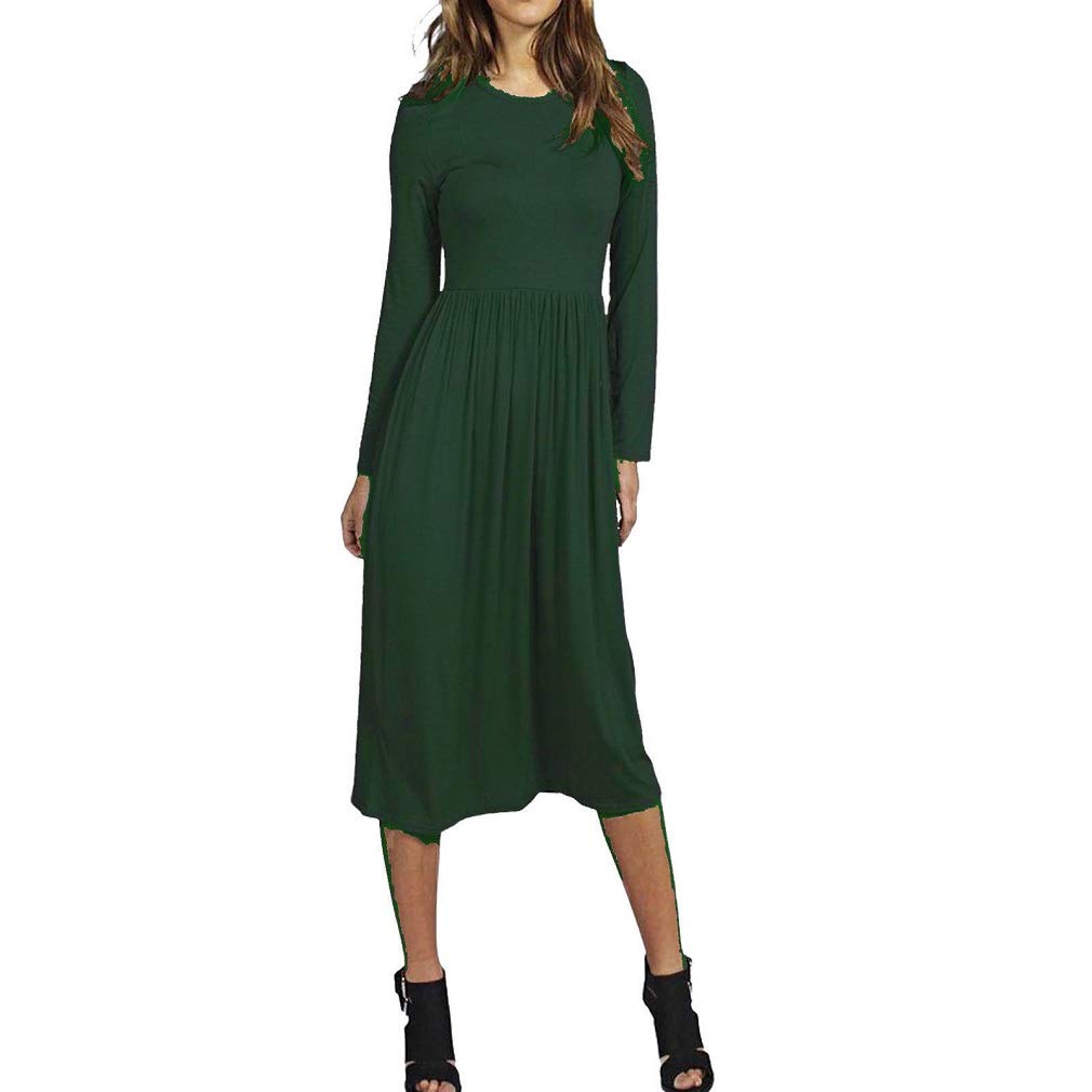 METLUQ M0D4 New Ladies Frankie Swing Dress Flared Skater Jersey Plain Long Sleeve Midi 8-26 (Dark Green, UK 16-18)