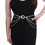 Obmyec Rhinestone Waist Chain Belt Punk Sparkle Sun Belly Chain Layered Crystal Moon Body Waist Chain Nightclub Rave Waist Jewelry for Women and Girls (Gold-M)