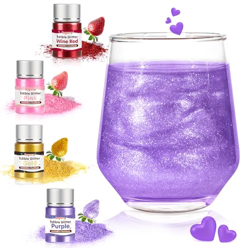 4 Colors Edible Glitter Set (8g/Bottle),Gold Red Purple and Pink Powder,Food Grade Shimmer Dust for Drinks & Baking,Vegan & Gluten-Free,Perfect for Birthday,Mother's Day,Patriotic Holidays Party,Cocktails,Wine,Cakes,Cupcakes,Strawberries Decorating