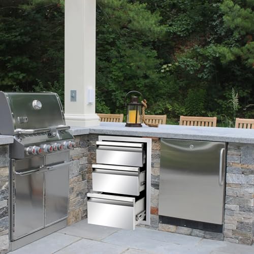 Image of Outdoor Kitchen Drawers 14 inch W x 21 inch H x 23 inch D, Stainless Steel Built-in Drawers, Flush Mount Access BBQ Drawer for Outdoor Kitchens Island, Grill Station