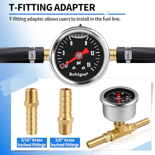 Boltigen Fuel Pressure Gauge, 0-15psi Fuel Pressure Gauge Kit, Glycerin Filled Fuel Pressure Regulator with Gauge for Car, 1/8'' NPT Inline Fuel Pressure Guage with 3/8'' 5/16'' Barb, Black by Boltigen - Used condition - Image 6