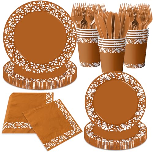 144Pcs Cielito Lindo Party Decoration Platos De Barro Mexicanos Clay Plates Mexican decor Terracotta Pottery Paper Cups for Mexican Themed Party Decorations Cielito Lindo Baby Shower