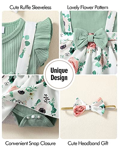 Highuzza Baby Girl Clothes 3-6 Months Newborn Romper Summer Dress Infant Outfits Fly Sleeve Floral Clothing Suspender Headband Overall Skirt Set Green #TOP3