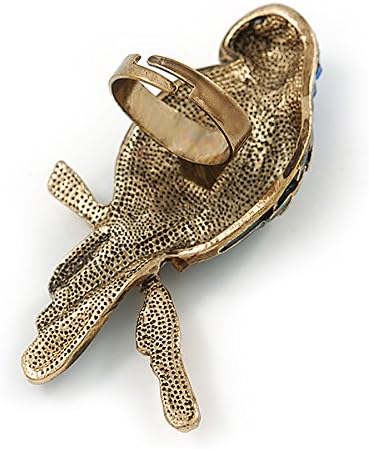 Avalaya Large Sapphire Blue Crystal, Teal Enamel Parrot Bird Ring In Antique Gold Metal - 60mm L - 7/8 Size Adjustable - Image 4
