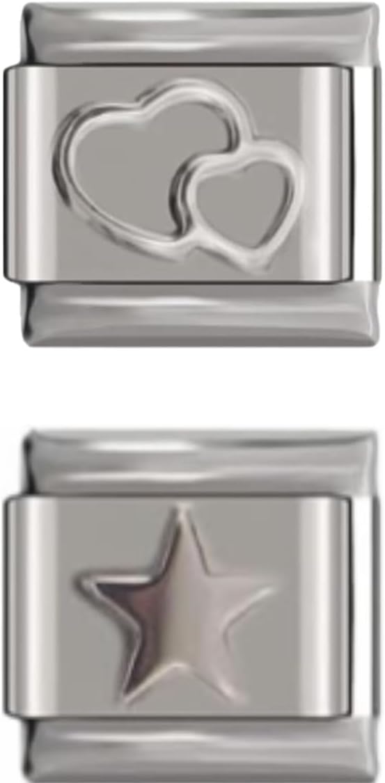 Bundle Charms 2pcs Charm Links| 1 Silver Double Heart 1 Silver Star - fits all classic 9mm Italian Style Bracelet - UK stock