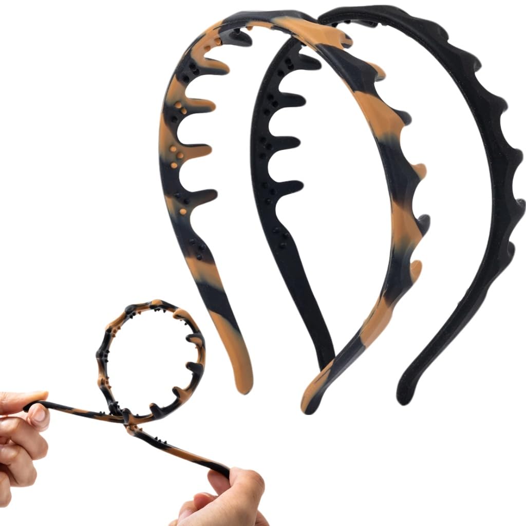 2pcs Silicone Comb Headbands for Women Non Slip, No Headache Soft Black Headband with Teeth for Girls, Brown Head Bands for Women's Hair