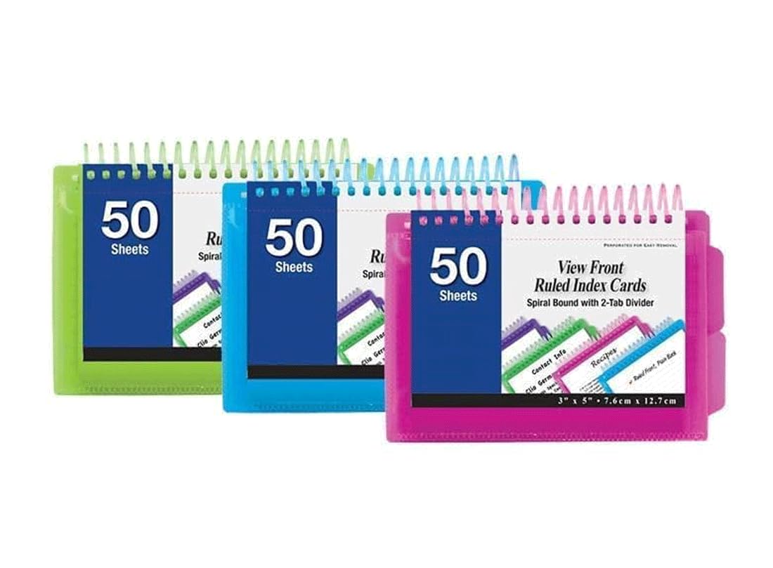 3 Pk 50 Sheets View Poly Spiral Bound 3" X 5" Ruled White Index Card With 2-Tab Divider (Colors May Vary)