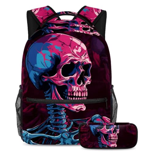 Sac à dos squelette punk cool 2 pièces avec trousse pour l'école et les voyages des adolescents
