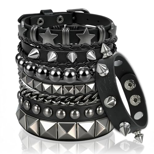6 Pcs Punk Rock Spiked Studded Bracelet Set for Women Men 80s Gothic Grunge Emo Wristbands Y2K Star Beaded Cuff Bracelets PU Leather Snap Button Adjustable Accessories for Rocker Biker Outfits