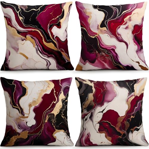 BEWQ Burgundy Gold Marble Pillow Covers Set of 4, 18x18 Luxury Home Decor