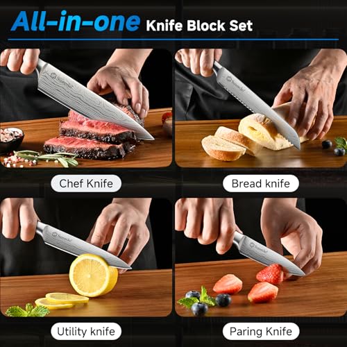 Image of Sunnecko Knife Set with Block and Sharpener, 15 Pcs Kitchen Knife Block Set