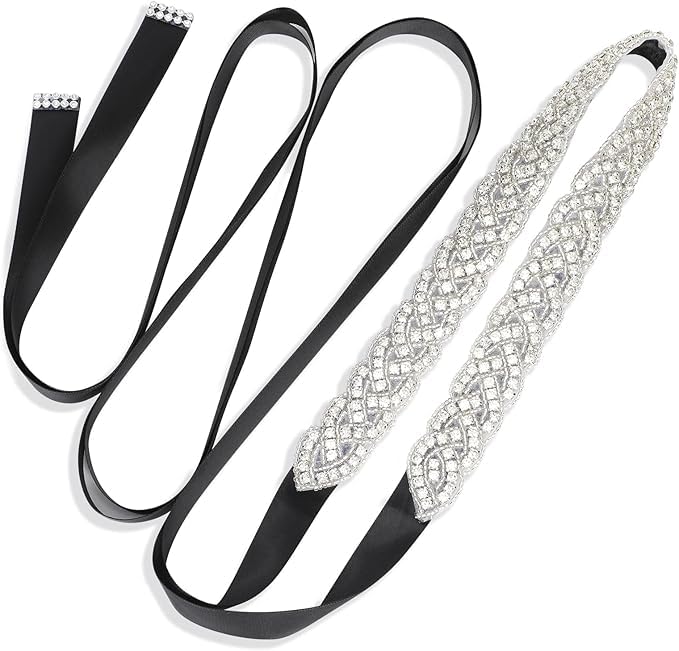 Rhinestone Bridal Sash Belt, Black and White Ribbon, Wedding Dress Accessory2