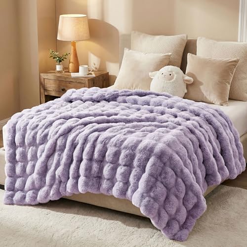 DREAMNINE Large Soft Thick Fuzzy Bubble Faux Rabbit Fur Blanket Queen Size 80" x 90", Double Side Comfy Plush Warm Shaggy Fluffy Blankets, Luxury Big Cozy Textured Furry Blanket for Bed, Lilac Purple