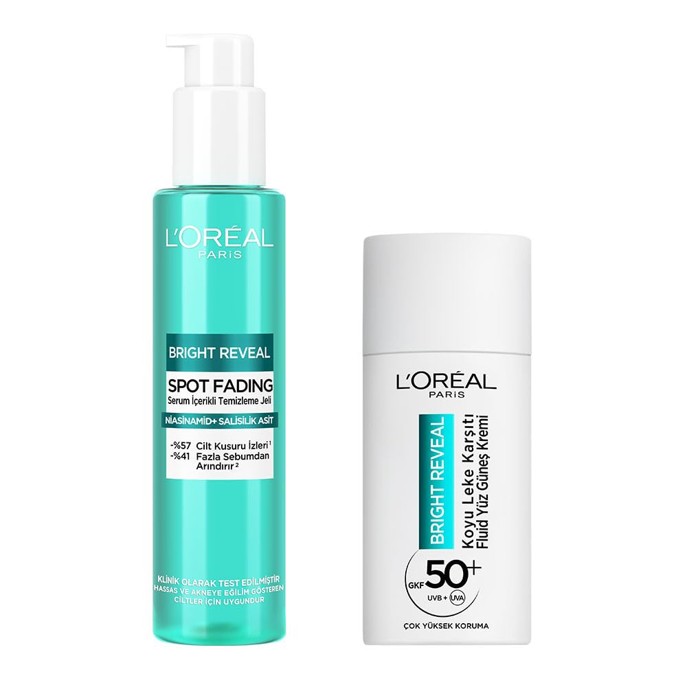 L’Oréal Paris Bright Reveal Cilt Kusuru İzi Karşıtı, Serum İçerikli Temizleme Jeli Niasinamid+Salisilik Asit 150ml &Spf 50+ Koyu Leke Karşıtı Fluid Günlük Yüz Güneş Kremi 50ml Cilt Bakım Seti