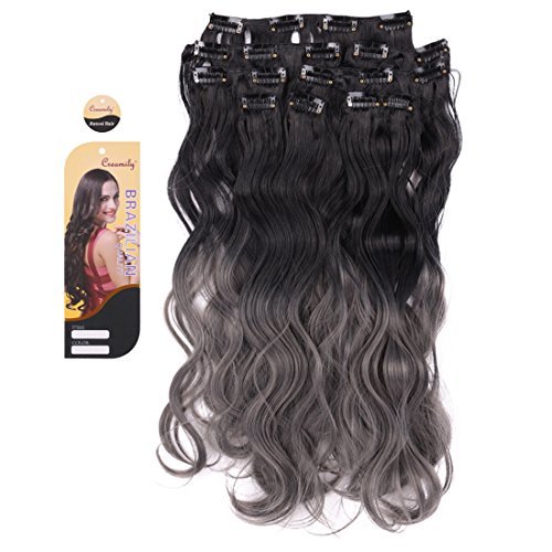 Creamily 20" Long Curly Wavy Ombre Color Clip in 8 Pieces 18 Clip Full Head Set Hair Extensions for Women (#1B/Grey)