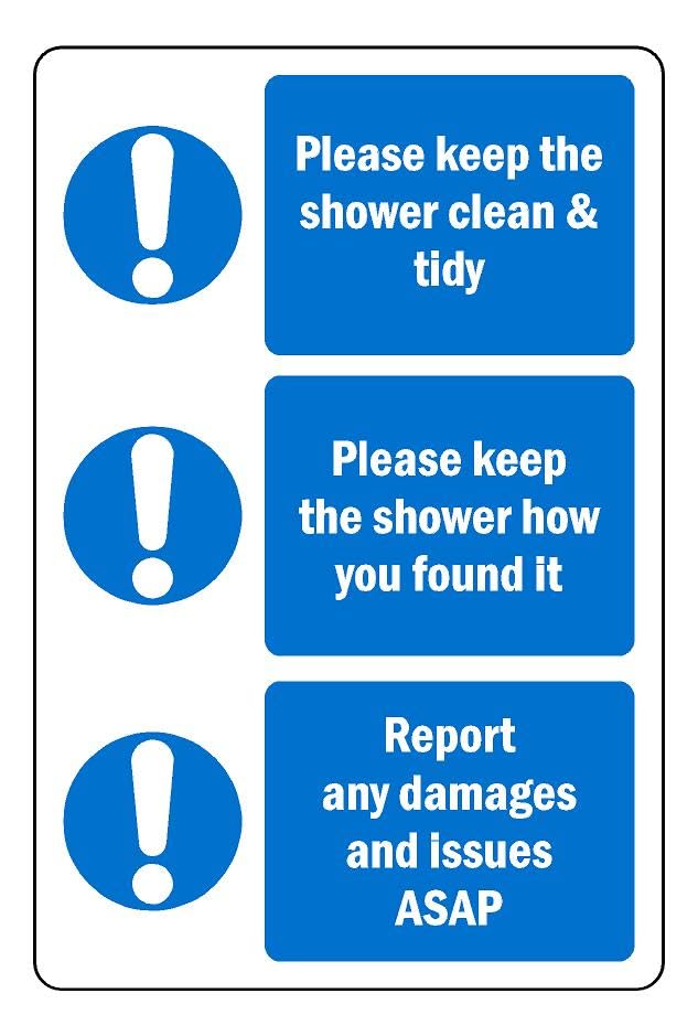 Please keep the shower clean and tidy safety sign - Self adhesive sticker (300mm x 200mm)