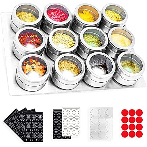 SZILBZ Gewürzdosen, 12 Stück Magnetisch Edelstahl Gewürzgläser Set Cover