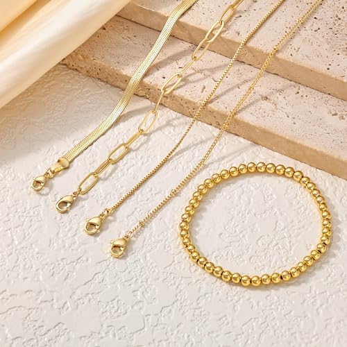 Image of DEARMAY Gold Bracelets for Women Waterproof Stackable Dainty 14K Gold Plated Rope Cuban Snake Paperclip Figaro Link Chain Pack Bracelet Adjustable Non Tarnish Fashion Accessories Jewelry Sets Gifts for Womens Mom