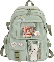 Mochila Escolar feminina de nylon com vários bolsos, bolsa escolar Kawaii, para viagem, estudante, Cor verde