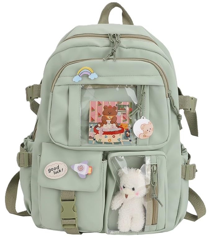 Mochila Escolar feminina de nylon com vários bolsos, bolsa escolar Kawaii, para viagem, estudante, Cor verde
