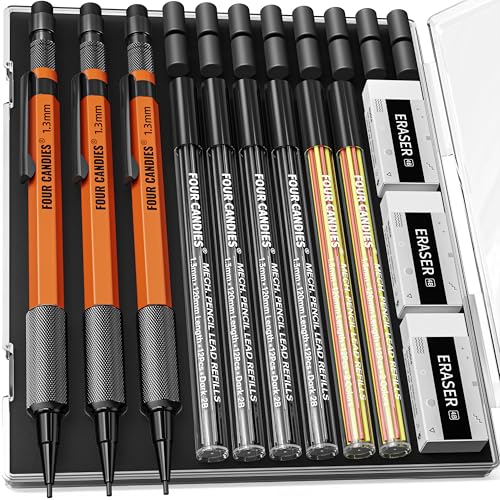 Four Candies Conjunto de 3 lápis mecânicos de 1,3 mm com estojo, lápis de carpinteiro de metal resistente com 72 refis (vermelho, preto, amarelo) 3 borrachas, refil de 16 borrachas, marcação de