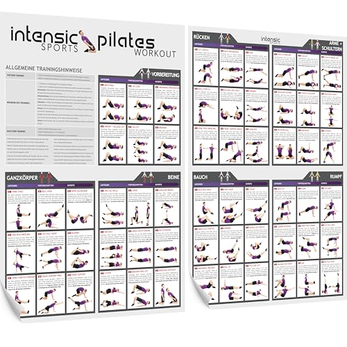 intensic SPORTS Pilates Workout Poster | 60 effektive Fitness-übungen für Home-Training Abnehmen & Muskelaufbau | Bauch Beine Po ohne Geräte | Ganzkörper-training Zuhause ohne Reformer Board und Wand