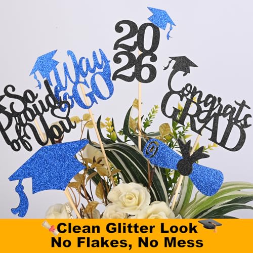 Image of Graduation Decorations 2026, 24 PCS Black and Blue Graduation Centerpieces for Tables, Class of 2026 Double-Sided Glitter Table Decorations