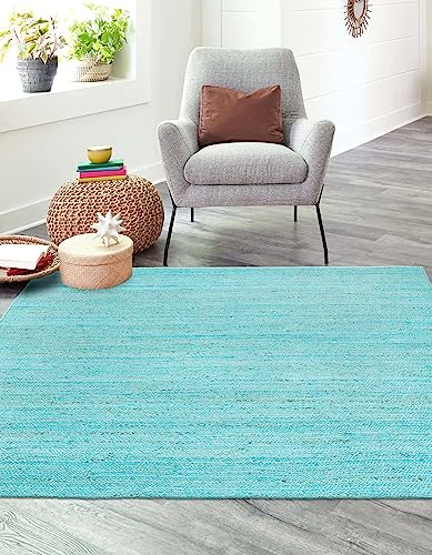 Image of Unique Loom Braided Jute Collection Area Rug - Dhaka (8' Square, Turquoise)