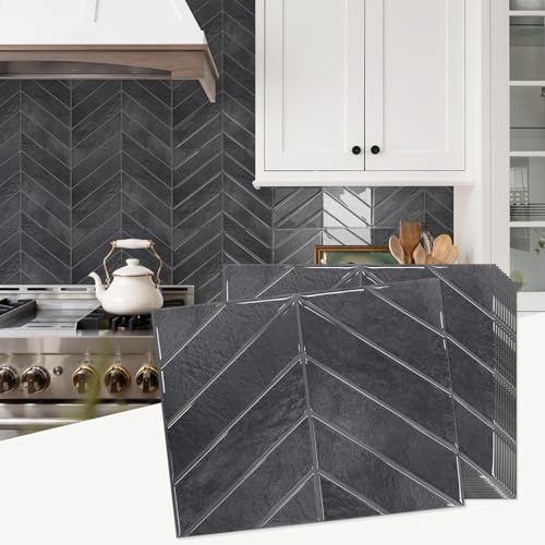 STICKGOO 10 Sheets Thicker Herringbone Peel and Stick Backsplash, 12.6”×9.7” Stick on Wall Tiles, Self Adhesive Tile Sticker for Kitchen Backsplash and Bathroom, Shiny Black with Dark Grey Grout by STICKGOO - Used condition - US$27.99