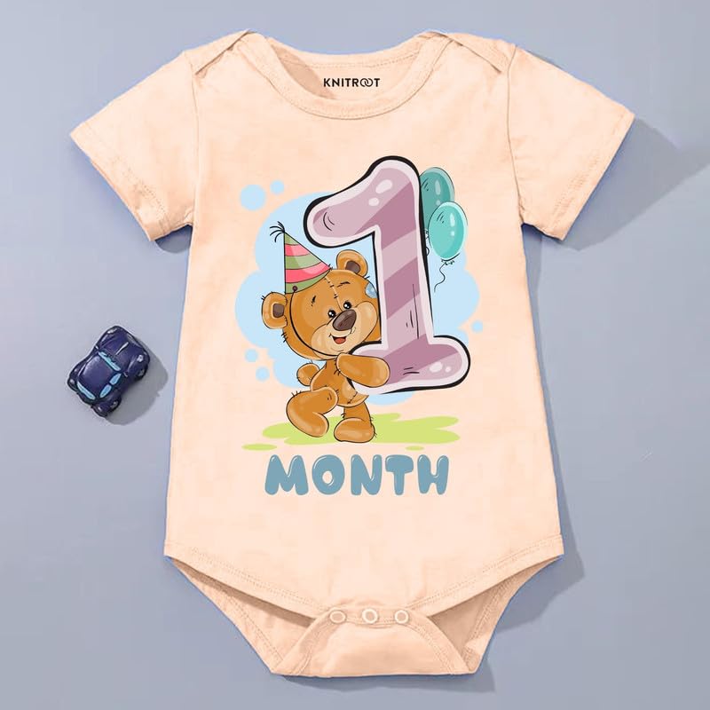 Image of Knitroot Monthly Birthday Teddy Special, Newborn Baby Half Sleeve Unisex Romper, Onesies, Sleepsuit, Body Suit, Envelope Neck, 1 to 12 Months Print, 0-12 Months, Infant Cloth for Boys & Girls