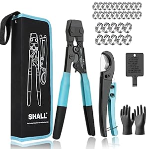 SHALL Pex Crimping Clamp Cinch Tool and Pipe Hose Cutter, Pipe Fitting Crimper Tool Kit Meets ASTM F2098 for 3/8″ to 1″ Stainless Steel Clamps Including 20pcs 1/2″, 10pcs 3/4″ Clamps With Storage Bag