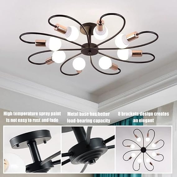 Mid-Century Modern Ceiling Light With 8 Lights, Metal Sputnik Chandelier LED Pendant Lighting Fixture For Bedroom Dining Room Living Room Porch Hotel (Bulbs Not Included)(Black+Gold)
