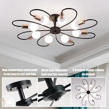 Mid-Century Modern Ceiling Light With 8 Lights, Metal Sputnik Chandelier LED Pendant Lighting Fixture For Bedroom Dining Room Living Room Porch Hotel (Bulbs Not Included)(Black+Gold)