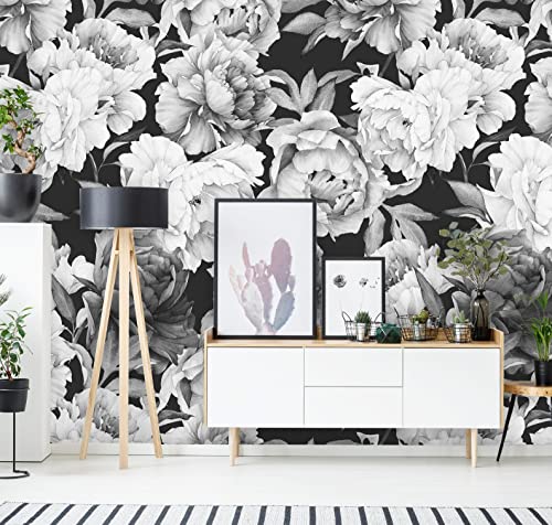 Coloritto Removable Peel 'n Stick Wallpaper, Self-Adhesive Wall Mural, Watercolor Floral Pattern, Nursery Baby’s Room Decor • Black and White Flowers (Sample 12