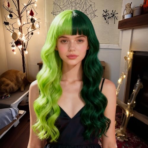 EVLYNN Glueless Green Long Loose Wavy Wig with Bangs Half Dark Green Half Light Green Loose Wave Curly Wigs No Lace Heat Resistant Synthetic 24 Inch Wig for Women for Daily Party Cosplay Use