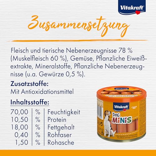 Vitakraft Dog Minis, Hundeleckerli, Mini Würstchen aus Geflügel, in Dose mit Deckel, Hunde Trainingsleckerli, gewürzreduziert, ohne Zusatz von Zucker (1x 120g)