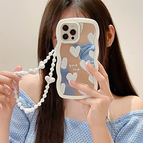 Custodia per iPhone 13 Pro con braccialetto di perle motivo floreale alla moda con onde graziosa bumper cover morbido per 13 Pro amore silicone tpu fragola