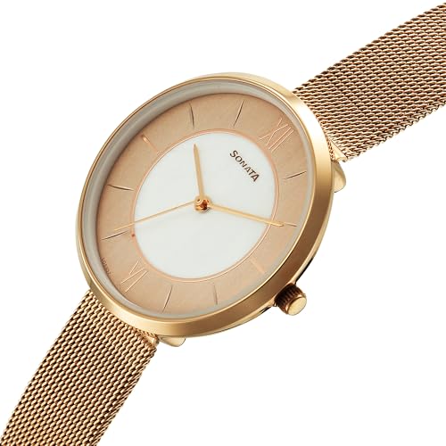 Image of Sonata Modern Edit 3 Quartz Rose Gold Round Dial Women's Watch | Stainless Steel Strap Material | Watches for Women Analog - 8193WM02