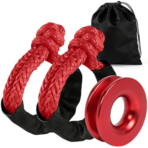 BARTOO Winch Snatch 66000 LB Recovery Ring with 2 PCS Soft Shackle 1/2 X 22 Inch Winch Rope for ATV UTV SUV Truck Off-Road Vehicle Recovery Accessories Red