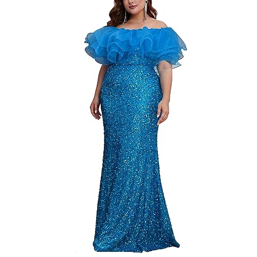 dasmzper Elegant Sequin Off Shoulder Evening Gown for Women Plus Size – Sparkly Ruffle Formal Dress for Wedding Guest Prom Party Banquet Blue