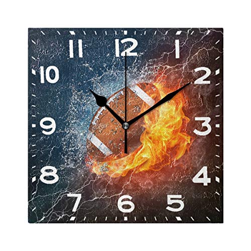 Naanle 3D Magic American Football in Fire ans Water Print Square Wall Clock, 8 Inch Battery Operated Quartz Analog Quiet Desk Clock for Home,Office,School
