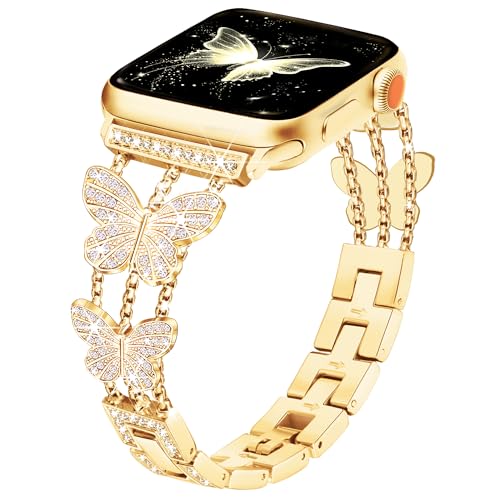 Image of Butterfly Band for Apple Watch Bands 40mm 41mm 42mm for Women Gold | 42mm(S11 /10) 38mm iWatch SE Series 11 10 9 8 7 6 5 4 3, Slim Thin Metal Fancy Bling Dressy Strap for Apple Watch Band-Gold