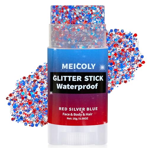MEICOLY 4th of July Hair Glitter Stick Red White Blue Face Glitter Stick with Star Fourth of July Patriotic Accessories Outfits for Women Independence Day Body USA Soccer Glitter Rave Makeup