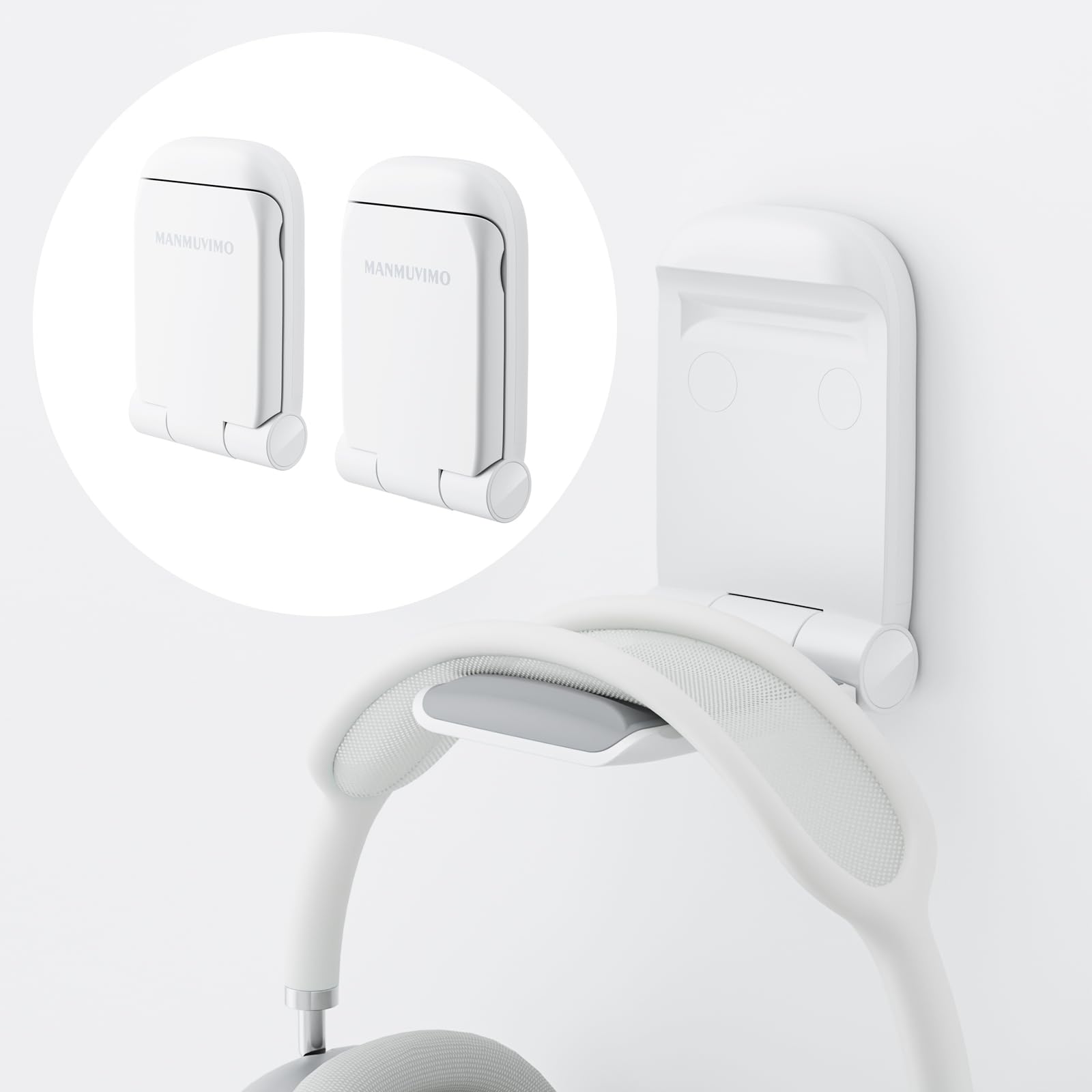 MAMUVIMO Headphone Stand, 2 Pack Headset Stand Foldable＆Sticky, Headphone Holder Hook Mount with Non-Slip Silicone, Adhesive Earphone Desk Hanger Clip Space-Saving for Airpods Max, All Earphones White