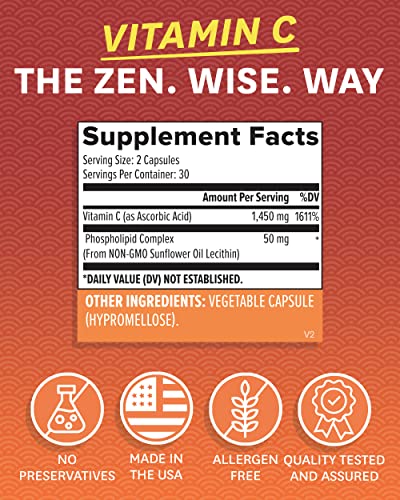 Zenwise Health Liposomal Vitamin C Supplement, 1500 MG Enhanced Absorption Organic Vitamin C Liposomal for Antioxidant, Immune, Natural Energy Boost, and Skin Care Support - 60 CT