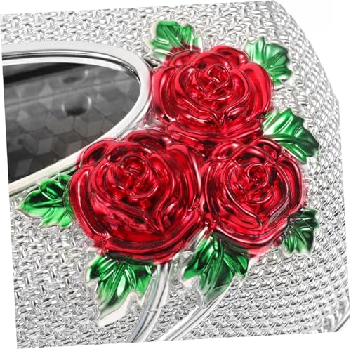 Image of Luxury Golden Tissue Box Cover with Red Rose Design Decorative Rhinestone Napkin Holder for Home Office Bathroom Car Elegant Gifting Idea for Weddings, Housewarmings (Silver)