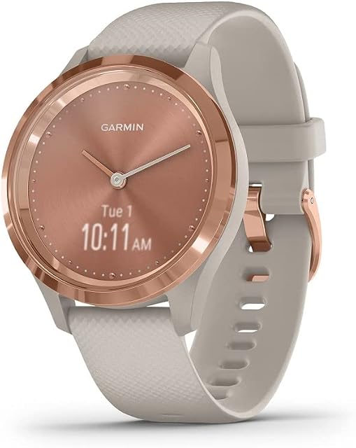 Garmin vivomove 3S, Smaller sized, Hybrid Connected GPS Smartwatch with Real Watch Hands and Hidden Touchscreen Display, Rose Gold with Light Sand Silicone Band