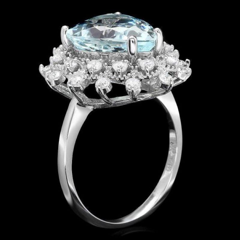5.60 Carats Natural Aquamarine and Diamond 14K Solid White Gold Ring